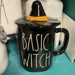 Rae Dunn Halloween mugs with toppers