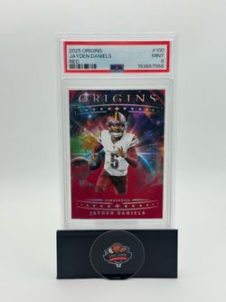 2025 ORIGINS JAYDEN DANIELS #100 RED /225 PSA 9