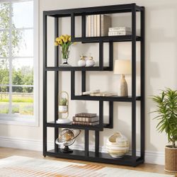 Tribesigns Way to Origin 6-Shelf Modern Bookshelf, Industrial Etagere Bookcase, 69 Inch Tall Storage Display Staggered Shelves with Sturdy Metal Frame