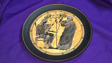 Decorative Wall Hanging Plate, Hand Painted and fired terracotta, Museum Copy of Mythological Scene from Ancient Greece 530 BC Union of Greek Ceramist