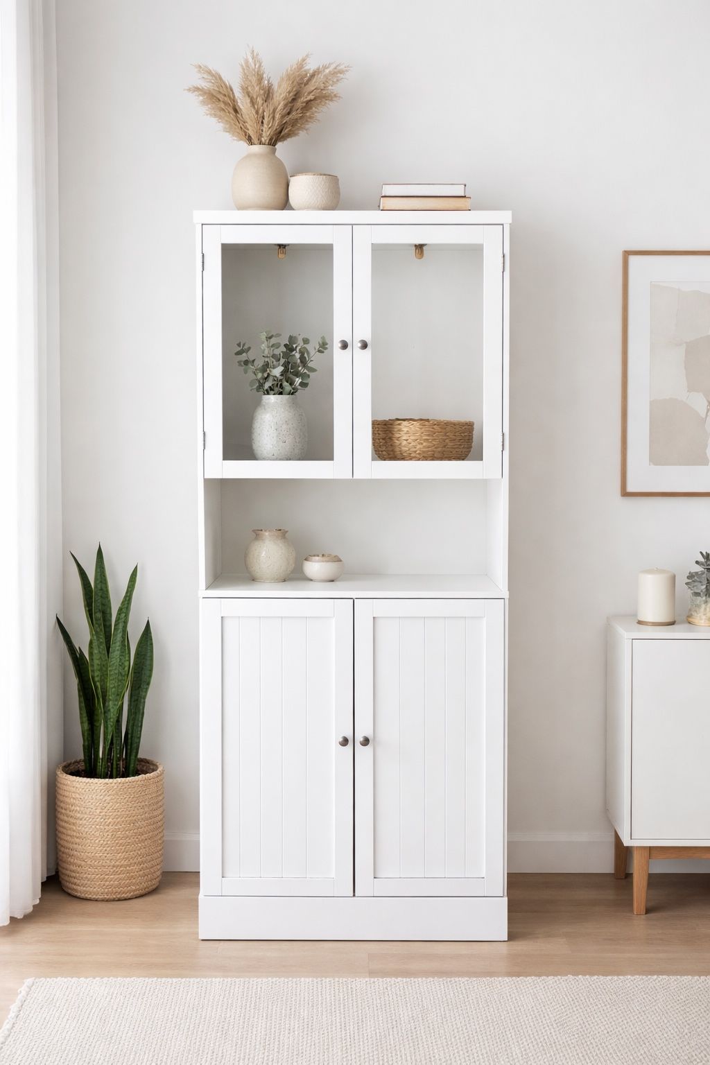 Modern White Glass-Door Storage Cabinet with Adjustable Shelving