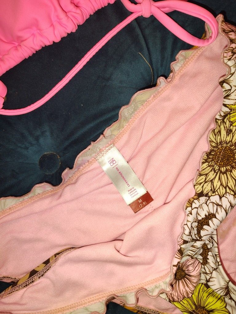 Cute Mix Matched Rouged Bikini Bottom With Hot Pink Triangle Top