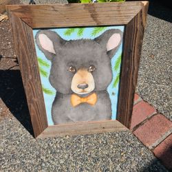 Watercolor Bear Shabbychic Wood Frame Nursery Painting Art