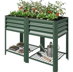 Galvanized Steel Elevated Planter Box with Storage Shelf