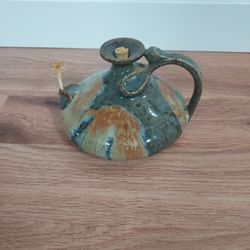 Studio Pottery Ceramic Oil Lamp Signed On Bottom Ellegible 