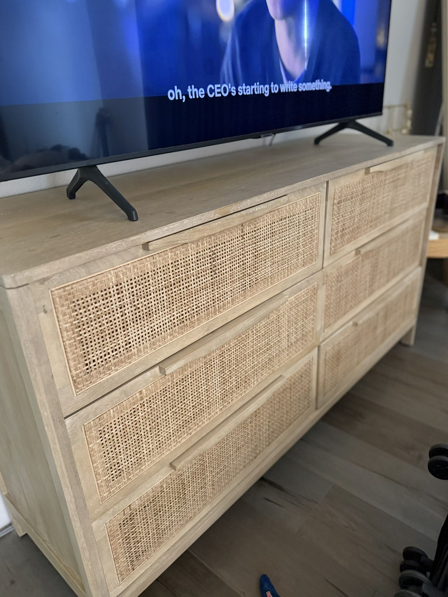 Rhian Coastal Beach Natural Beach woven 6 drawer dresser, w left facing and right facing end tables