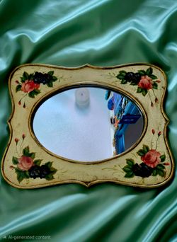 Vintage Italian HandPainted wood mirror. Scaloped Wooden Frame Crackle Finish