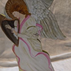 Hand Painted Wooden Angel Figurine Vintage Art Piece.
