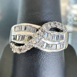 Art Deco 925 sterling silver 0.55CTW Natural Diamond Baguette & Round cut infinity ring sz 7.75