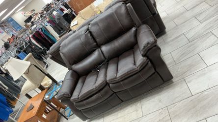 Brown Faux Leather Power Reclining Sofa and Loveseat Set