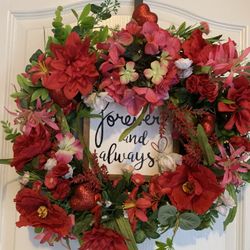 Valentines Day Wreath W/ Various Accents On Twisted Branch Base, Has Wooden Saying