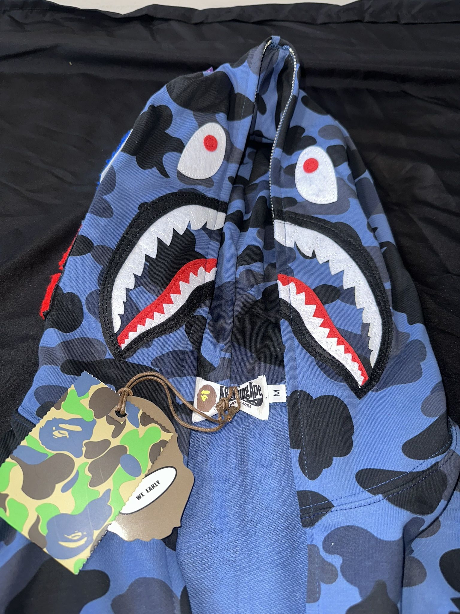 BAPE Blue Full Zip Shark Hoodie L & M w Bag And Tags