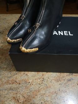 Chanel Black Gold Tip Pearl Heel Booties 