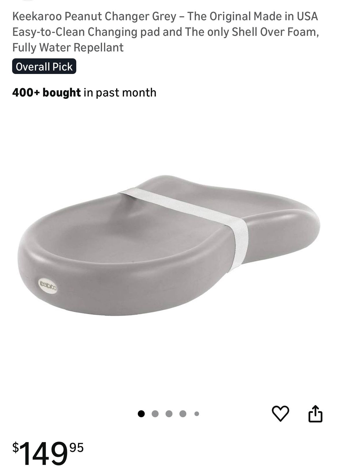 The Keekaroo Peanut Changer or equivalent is an anatomical non—slip surface for changing baby clothes. She: • Made of solid, soft, but dense material