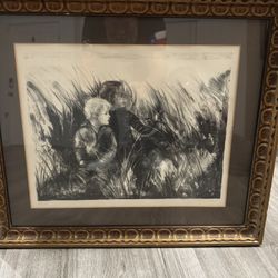 Signed & Numbered Mid-Century Art Print – Children in Grass – Framed