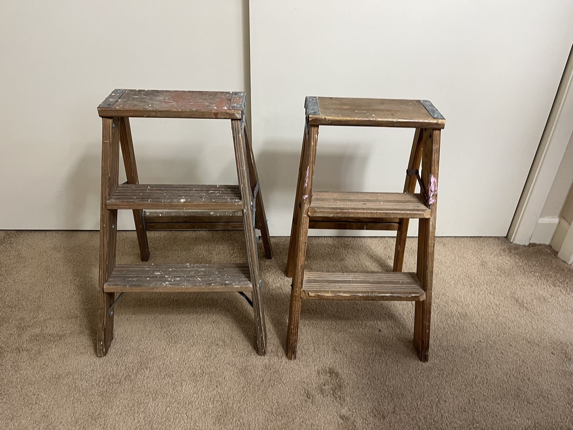 Vintage Pair Of Wooden 2 Step Ladders Primitive Rustic Farmhouse Decor