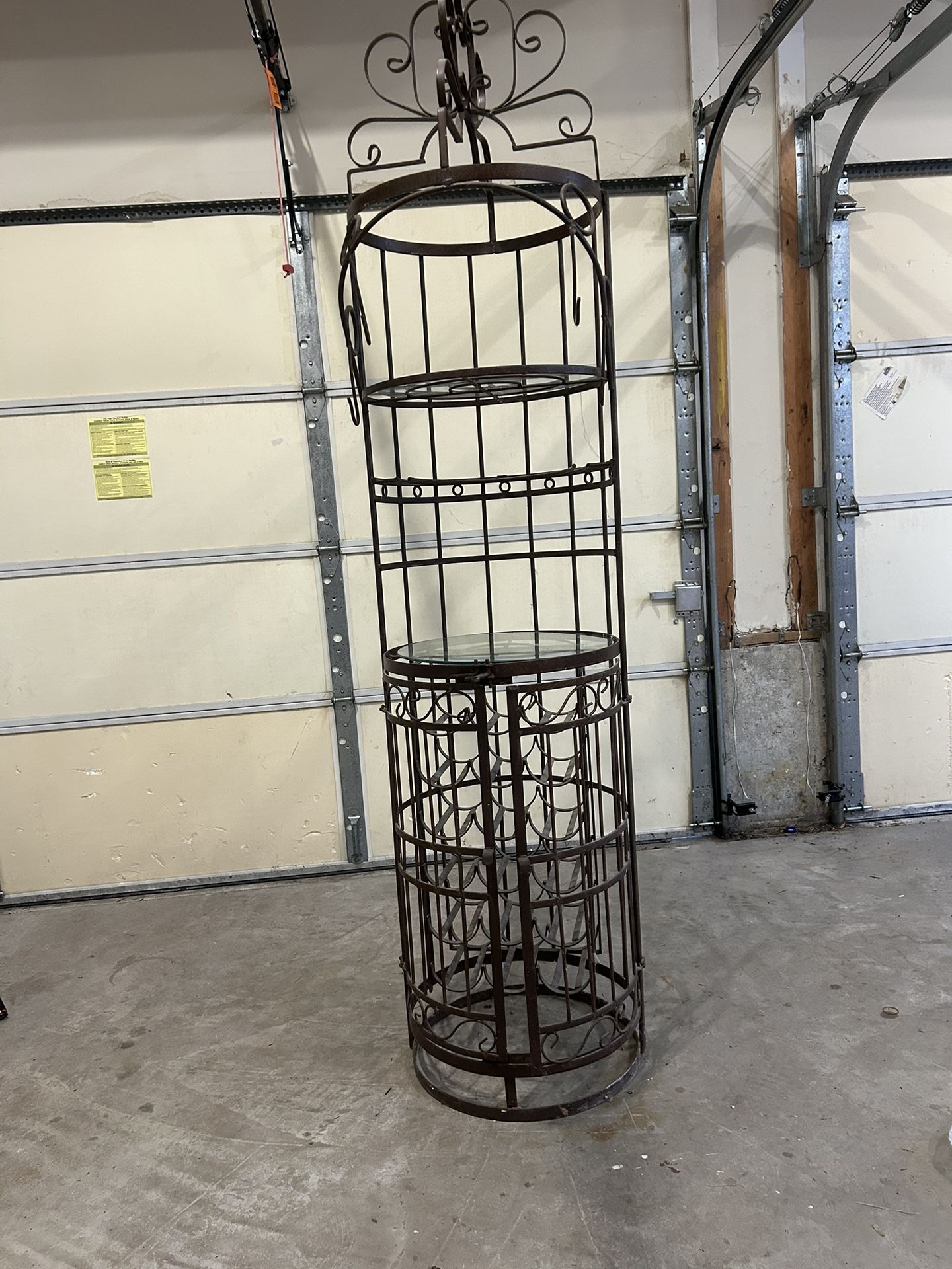 Vintage Wrought Iron Wine Rack with Glass Shelves