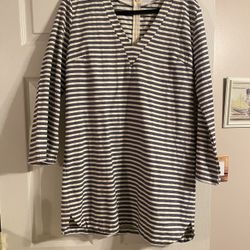 Lush Navy Pinstriped Cotton Long Sleeve Dress, Size Large