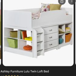 Two (2) Ashley Furniture Lulu Twin Loft Bed w/Bookshelf and Dresser