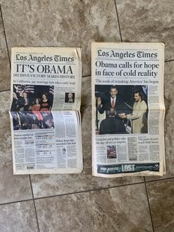 PRESIDENT OBAMA—LOS ANGELES TIMES HEADLINES of election and inauguration. Two separate issues. BOTH FOR $20!
