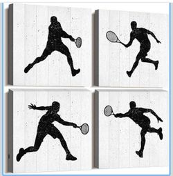 4 Panels Modern Giclee Prints Artwork bedroom Wall Decor office Canvas Wall Art for Living Room sports movement Plays Tennis Black and white watercolo
