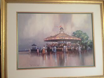 Gold Wood Framed Paul Landry 1990 Seaside Carousel Greenwich Workshop Lmd.Ed. Lithographic Print Personally Approved & signed by the artist No. 459
