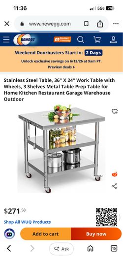 Stainless Steel Table, 36" X 24" Work Table with Wheels, 3 Shelves Metal Table Prep Table for Home Kitchen Restaurant Garage Warehouse Outdoor