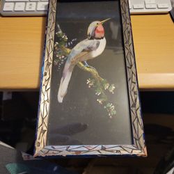 Vintage Mexican Folk Art Feathercraft Bird Feather Picture Handcarved Wood Frame 
