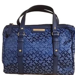 Tommy Hilfiger Navy Blue Monogram Fabric Faux Leather Trim Bag
