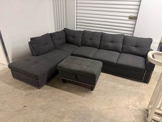 Charcoal Gray Sectional Sofa with Storage Ottoman and Nailhead Trim 8ft x 6ft !