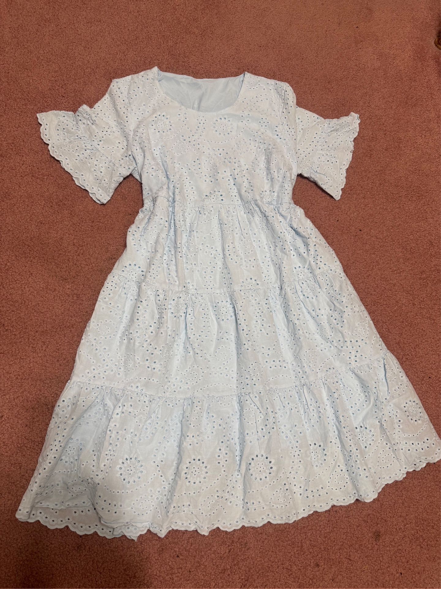 New large blue ruffle short boho eyelet lace dress