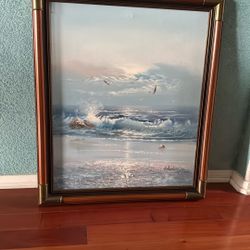 Large Oil Painting Seascape Beach Shore Wood Frame 23 1/2” X 27 1/2” Oil On Canvas 