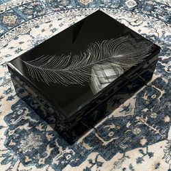 Max Studio Large Black and Silver Sparkle Feather Jewelry Box Feminine Organizer Home Decor Storage 