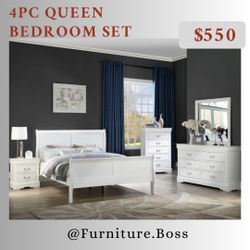 Queen Bedroom Set - Bed, Dresser, Mirror, Nightstand $550