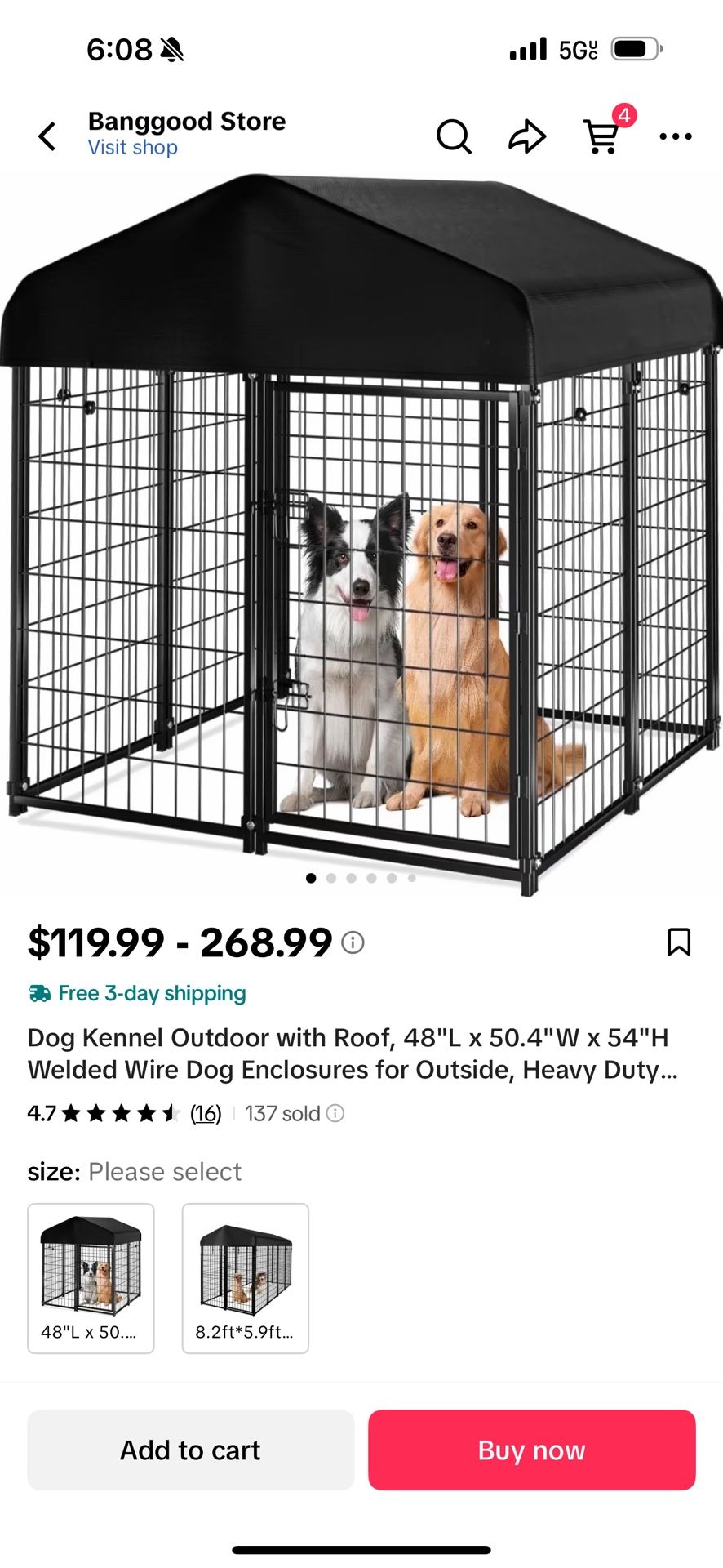 Dog Kennel 48”L x 50.4”W x 54” H