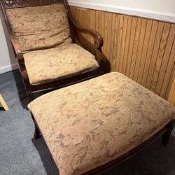 Vintage Carved Wood Armchair with Matching Ottoman