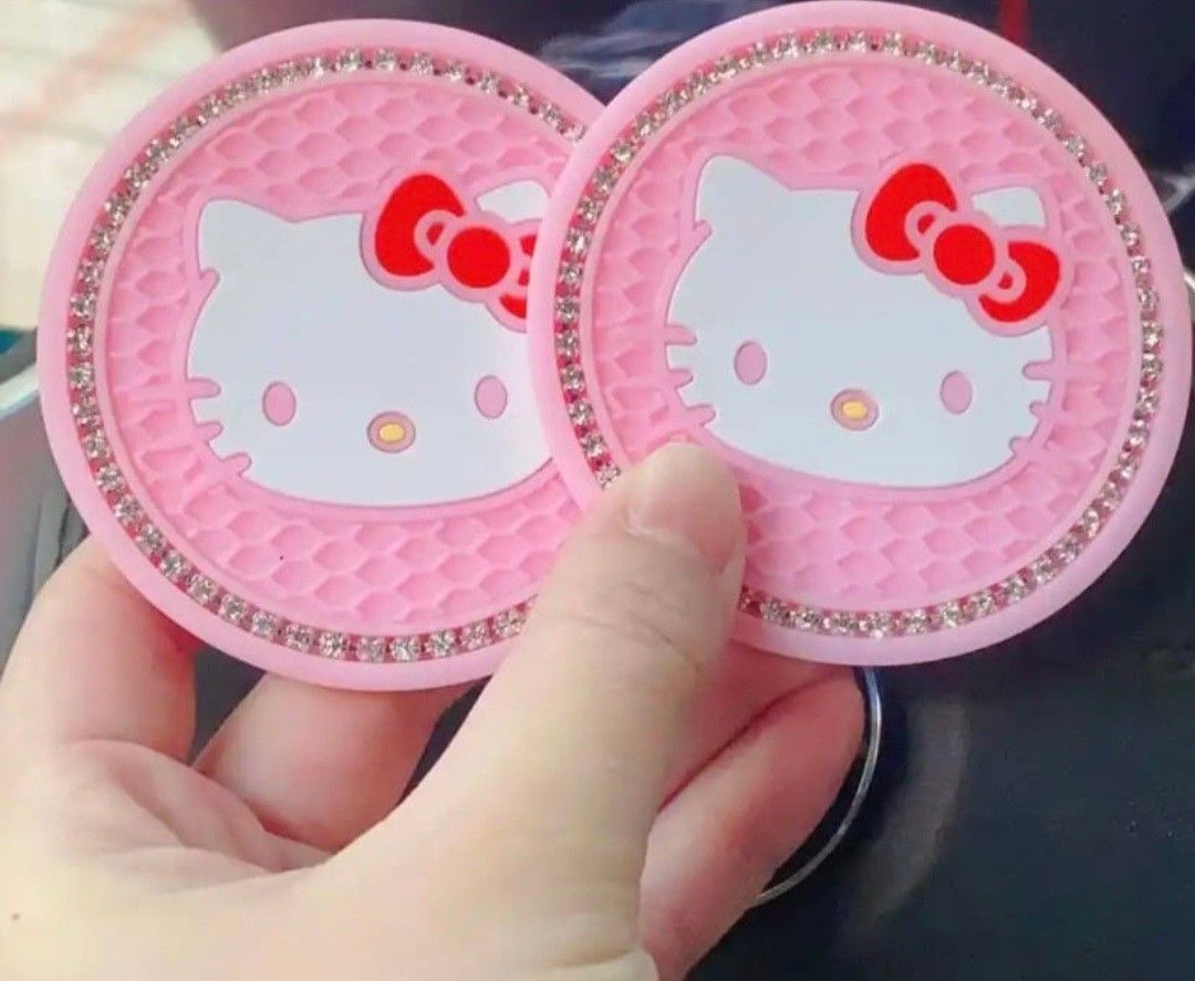 2 Hello Kitty Car Cupholder Rubber Coasters. Hello Kitty Car Door Lights,  Makeup Mirrors, Necklaces, Bracelets Sold Separately.  SHIPPING AVAILABLE 