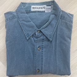 Vintage Bugle Boy Men's Blue Woven 100% Cotton Button-Up Shirt Short Sleeve XL