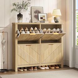 Shoe Cabinet with 4 Flip Drawers, Narrow Shoe Organizer with Symmetric Groove Pattern, Freestanding Wood Hidden Shoe Storage Cabinet for En