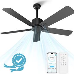 52 Inch Ceiling Fan No Light, 7000CFM Extreme Airflow Outdoor Ceiling Fan with Remote & App, Powerful Quiet DC Motor Modern Black Ceiling Fan for Pati