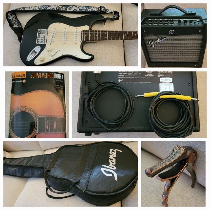 Squier Mini Stratocaster Electric Guitar, Mustang I 2.0 Amp, Ibanez Soft Case, Max Guitar Bronze Alligator Capo, Cable, Cord, Leonard Guitar Method