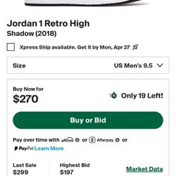 Jordan 1 Shadow 9.5 New Authentic