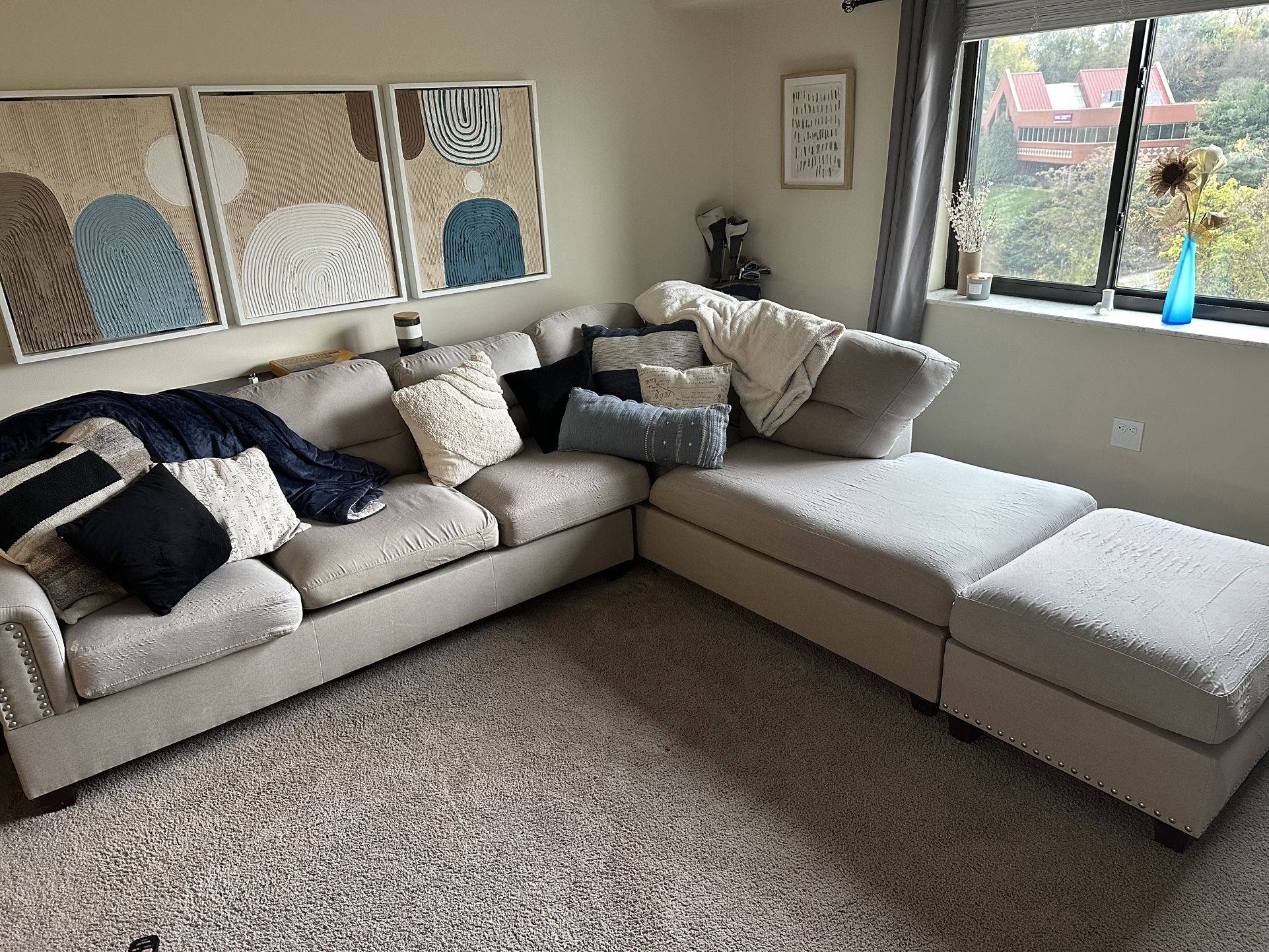 3 Piece L- Shape Sectional Couch With Reversible Chaise and Ottoman