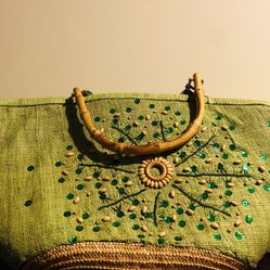 Green Hand Bag With Wooden Handles 