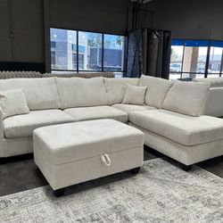 Cream Sectional And Storage Ottoman