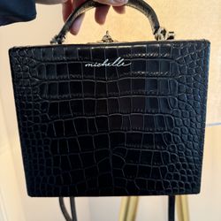 Porosus “Michelle” Structured Crossbody / Top Handle Bag – Black Croc Embossed