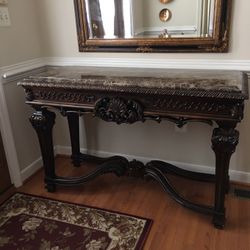CONSOLE TABLE WITH MARBLE STONE TOP  WITH DEEP  BROWN , LIGHT BROWN AND WHITE COLORS