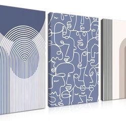 Abstract Wall Art Set of 3 - Modern Navy Blue Wall Decor Neutral Boho Oil Painting Lines Canvas Artwork Posters Prints Framed 16×24 Inch for Living Ro