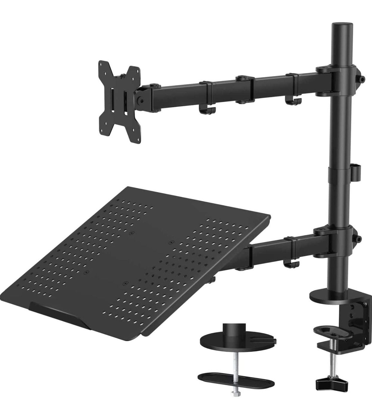 Laptop Monitor Mount Stand with Keyboard Tray, Adjustable Notebook Desk Mount with Clamp and Grommet Mounting Base for 13 to 27 Inch LCD Computer Scr
