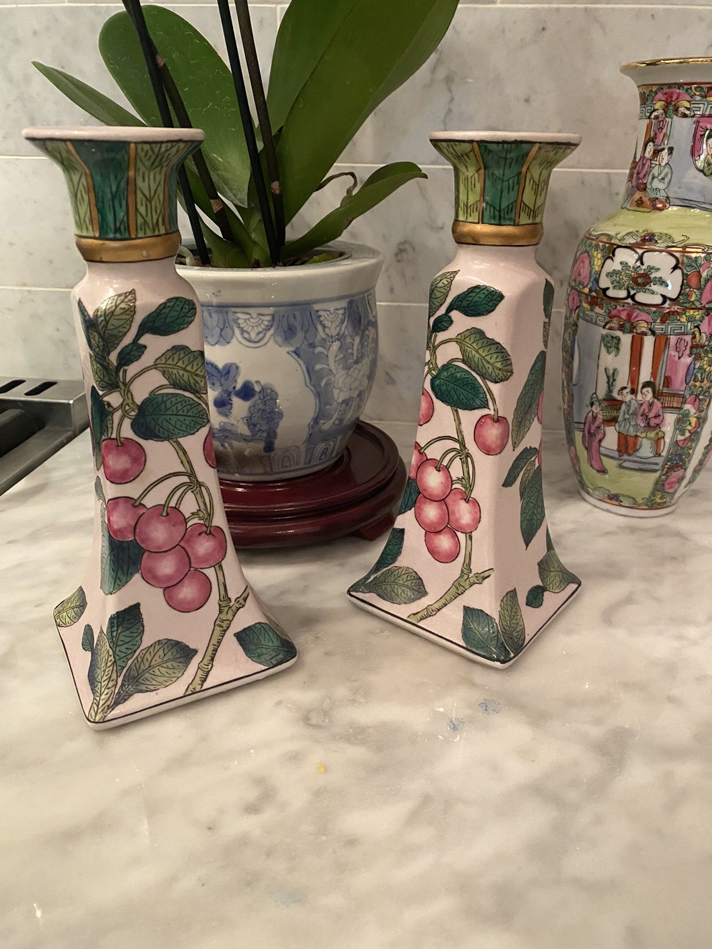 Andrea By Sadek Cherry Candlestick Pair Vintage 